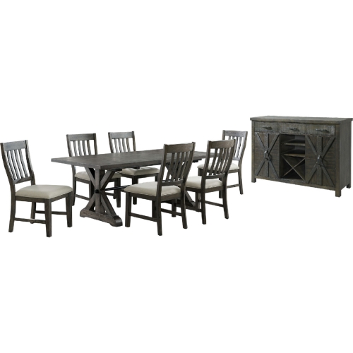 Trestle 8 Piece Dining Set in Distressed Gray Wood & Fabric