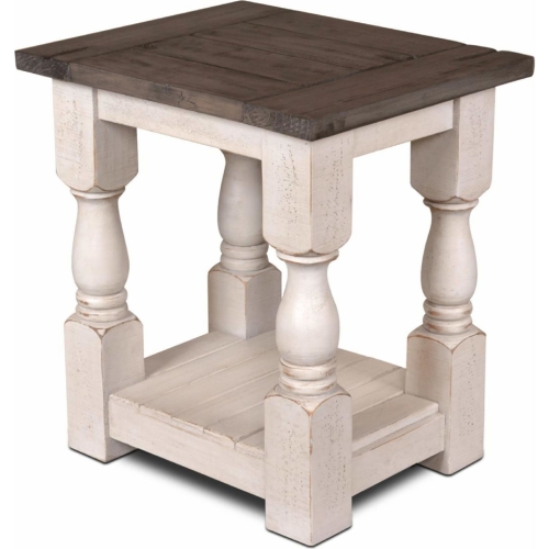 Rustic French Side End Table in Distressed White & Brown Wood