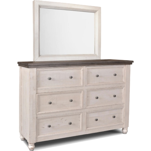 Rustic French 6 Drawer Double Dresser & Mirror Set in Distressed White & Brown