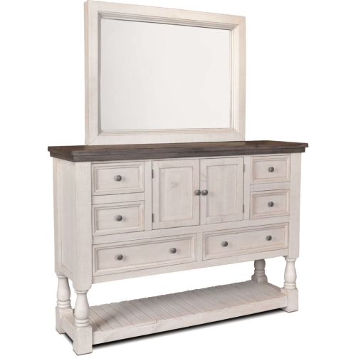 Rustic French 6 Drawer Dresser & Mirror Set in Distressed White & Brown Wood