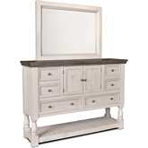 Rustic French 6 Drawer Dresser & Mirror Set in Distressed White & Brown Wood