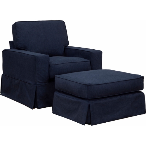 Americana Box Cushion Slipcovered Accent Chair & Ottoman in Navy Blue Performance Fabric