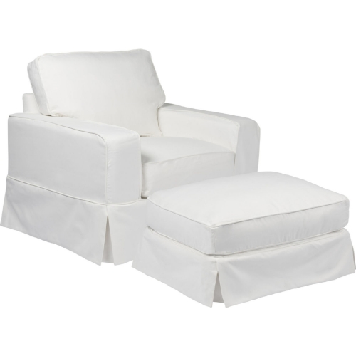 Americana Box Cushion Slipcovered Accent Chair & Ottoman in White Performance Fabric