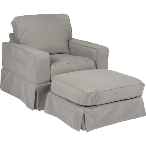 Americana Box Cushion Slipcovered Accent Chair & Ottoman in Gray Performance Fabric