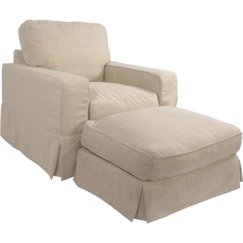 Americana Box Cushion Slipcovered Accent Chair & Ottoman in Linen Performance Fabric