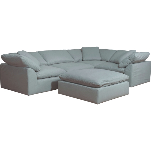 Comfy Puff 5 Piece Slipcovered Modular L Sectional Sofa & Ottoman in Blue Performance Fabric