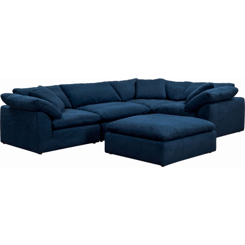 Comfy Puff 5 Piece Slipcovered Modular L Sectional Sofa & Ottoman in Navy Blue Performance Fabric