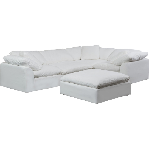 Comfy Puff 5 Piece Slipcovered Modular L Sectional Sofa & Ottoman in White Performance Fabric