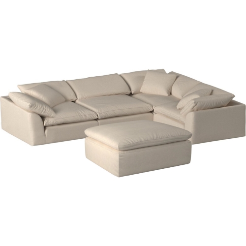 Comfy Puff 5 Piece Slipcovered Modular L Sectional Sofa & Ottoman in Tan Performance Fabric