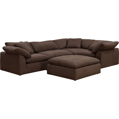 Comfy Puff 5 Piece Slipcovered Modular L Sectional Sofa & Ottoman in Brown Performance Fabric