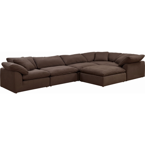 Comfy Puff 6 Piece Slipcovered Modular L Sectional Sofa & Ottoman in Brown Performance Fabric