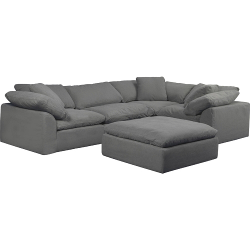 Comfy Puff 5 Piece Slipcovered Modular L Sectional Sofa & Ottoman in Gray Performance Fabric