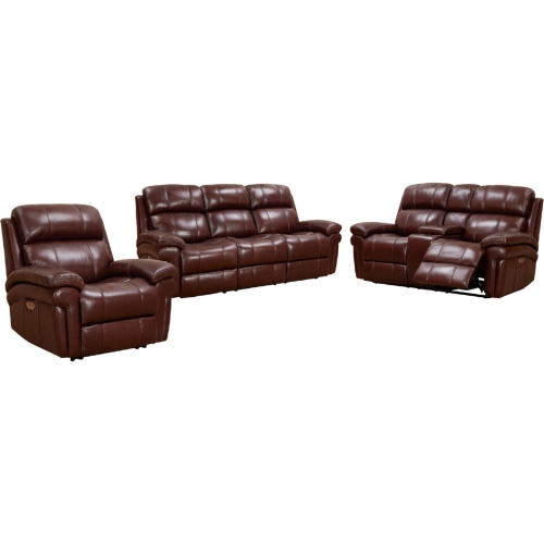 Luxe Leather 3 Piece Power Reclining Sofa Set in Brown Leather