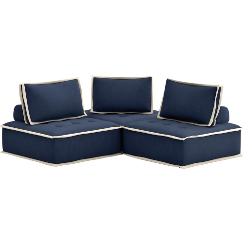 Pixie 3 Piece Modular Sectional Sofa in Navy Blue & Cream Fabric