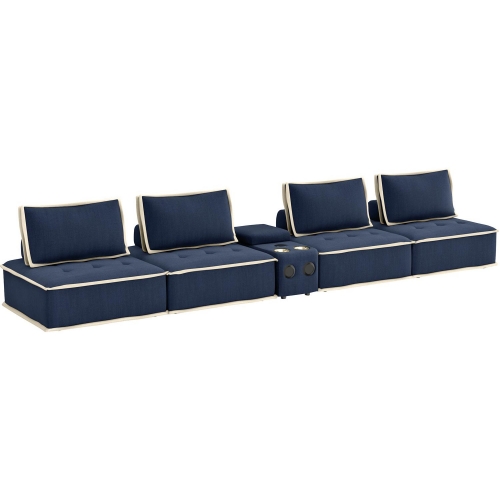 Pixie 5 Piece Modular Sectional Sofa w/ Bluetooth USB Console in Navy Blue & Cream Fabric