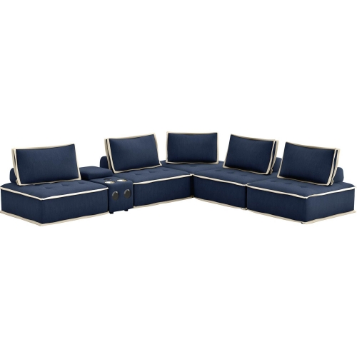 Pixie 6 Piece Modular Sectional Sofa w/ Bluetooth USB Console in Navy Blue & Cream Fabric