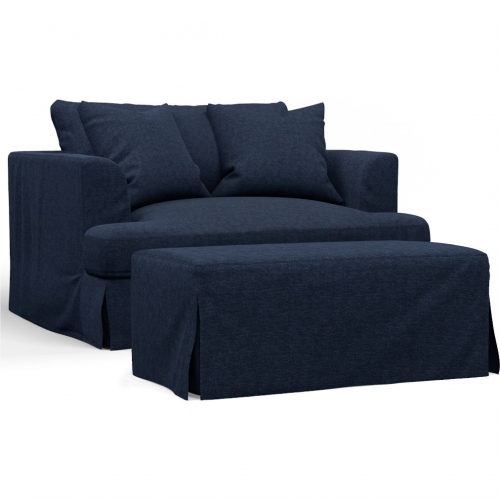 Newport Slipcovered 52" Wide Chair & Half & Ottoman in Navy Blue