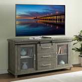 Industrial Charms Barn Door 65" TV Stand in Distressed Gray Wood & Mesh