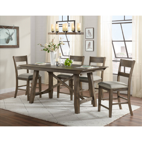 Hillcrest 5 Piece Counter Dining Set in Brushed Brown Gray Wood & Linen