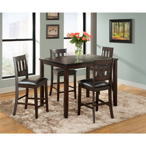 Americano 5 Piece Counter Dining Set in Espresso Brown Wood & Eco Leather