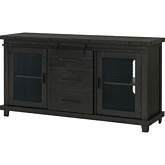 Industrial Charms Barn Door 65" TV Stand in Distressed Black Wood & Mesh