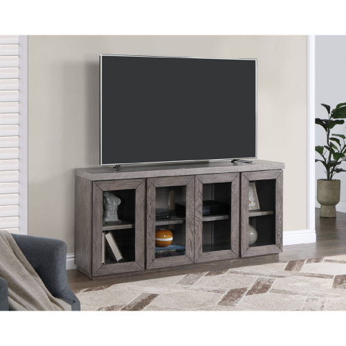 Corktown 65" TV Stand in Gray Pine Wood, Faux Concrete & Glass