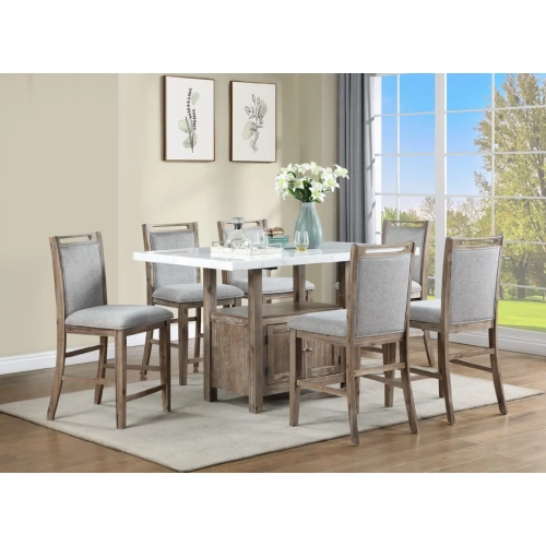 Dorset Hills 7 PC Counter Height Dining Set in White Marble Veneer, Wood & Gray Linen
