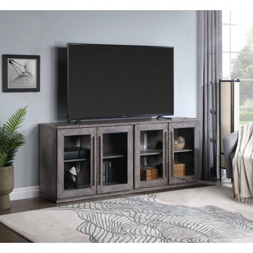 Elevange 70" TV Stand in Sand Blasted Gray Wood & Glass