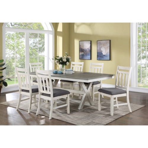 Lido Bay 7 Piece Dining Set in Wire Brushed White & Gray Wood & Gray Linen