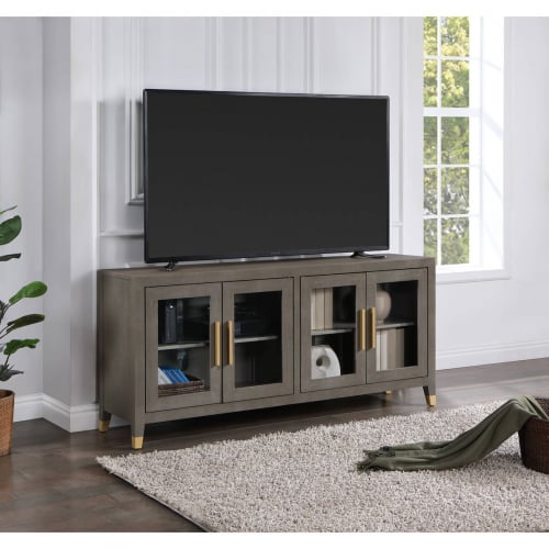 Tribeca 65" TV Stand in Gray Shagreen Style Embossed Eco Leather & Glass