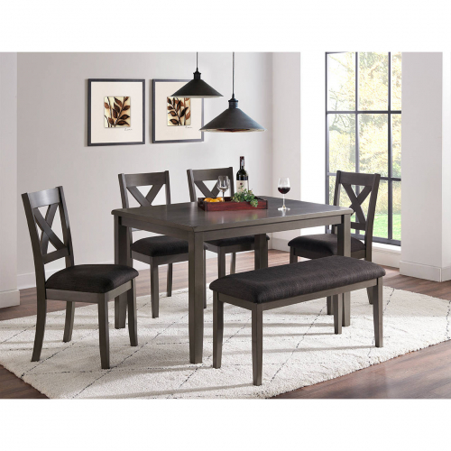 Chandler 6 Piece Dining Set in Gray Wood & Linen