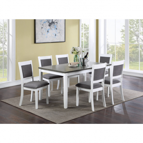 Porto 7 Piece Dining Set in White Wood & Gray Linen