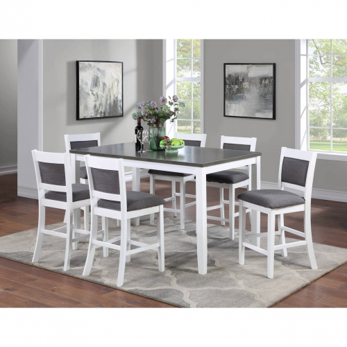 Porto 7 Piece Counter Dining Set in White Wood & Gray Linen