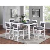 Porto 7 Piece Counter Dining Set in White Wood & Gray Linen