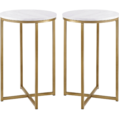 Alissa 16" Round Side Table in White Faux Marble & Gold Metal (Set of 2)