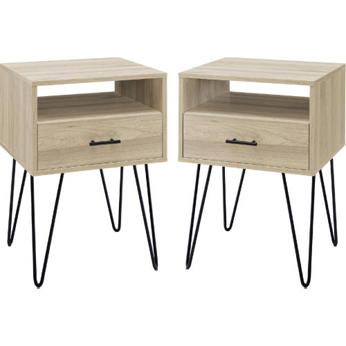 Croft Hairpin Leg 1 Drawer Side Table in Birch Finish & Metal (Set of 2)