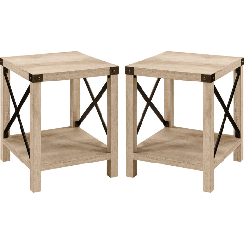 Rustic Metal X Side Table w/ Shelf in White Oak Finish (Set of 2)