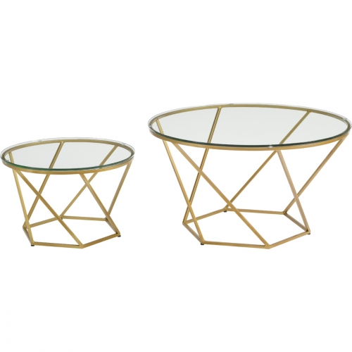 Geometric Nesting Coffee Tables in Glass on Gold Powder Coated Metal