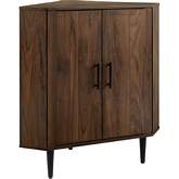 30" 2 Door Corner Accent Cabinet in Dark Walnut Finish & Black Metal