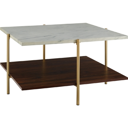 Mid Century Modern Coffee Table in White Faux Marble & Gold