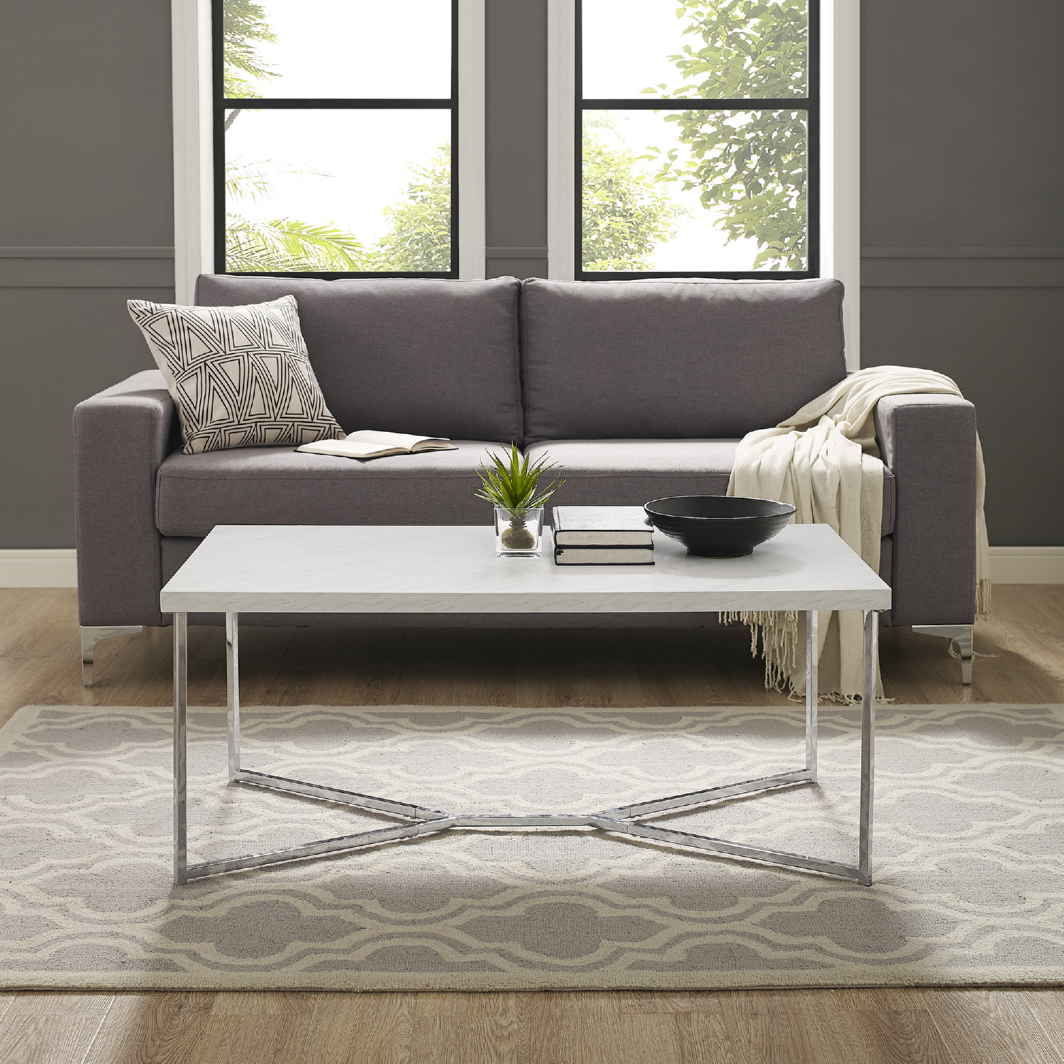 42 Y Leg Coffee Table White Faux Marble Chrome