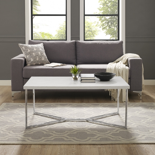 Mid Century Modern Coffee Table in White Faux Marble & Chrome