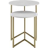 2 Piece V Leg Nesting Side Tables in White Faux Marble & Gold