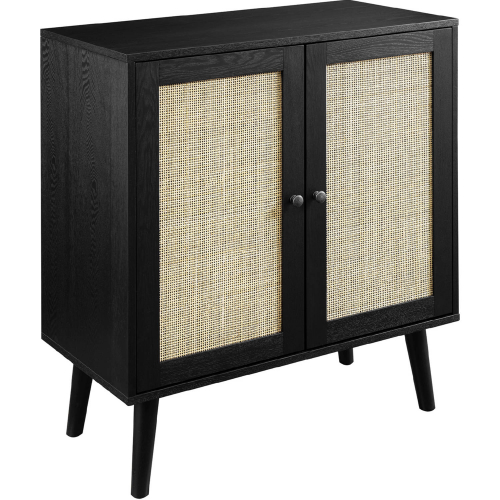 30" Wood & Rattan 2 Door Accent Cabinet in Black & Natural Finish