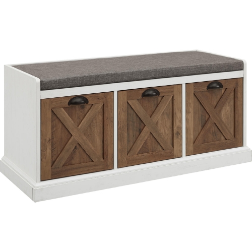 Willow 3 Drawer Storage Bench in Barnwood, White & Grey Linen