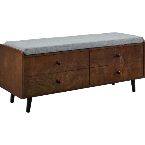 46" Mid Century Storage Bench in Dark Walnut Finish & Grey Fabric