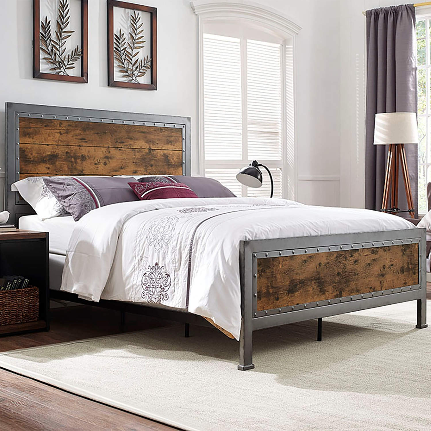 Walker Edison Industrial Panel Bed Brown Queen
