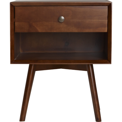 Mid Century 1 Drawer Solid Wood Nightstand in Walnut Finish