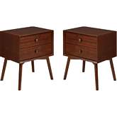 Mid Century 2 Drawer Solid Wood Nightstand Set in Walnut Finish (Set of 2)