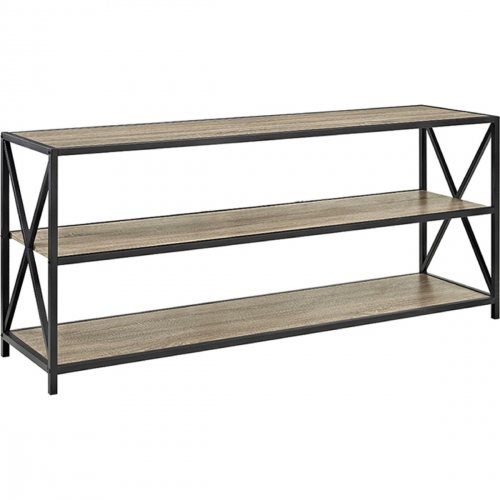 60" X Frame Metal & Wood Media Bookcase Console in Driftwood